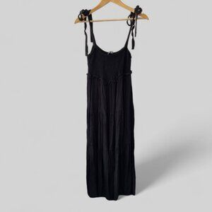 Zara Tiered Midi Dress Women’s Small Self Tie Straps Black Flowy Smocked Top